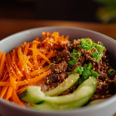 Beef Bulgogi bowl, close up