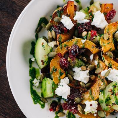 Roasted Squash, Green Tomatoes, Sour Cherries, Salsa Verde, Coriander, Feta, Toasted Pumpkin Seeds..