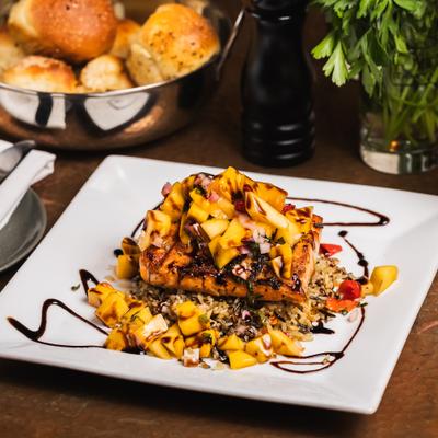 Organic Salmon, wild rice and mango salsa.