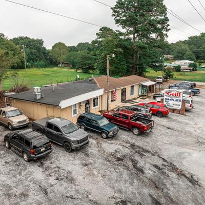 View of the restaurant and parking lot.