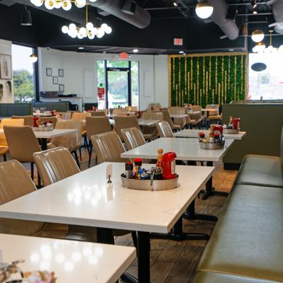 Diner area, booths, tables, chairs.