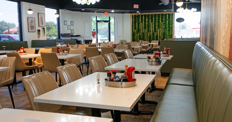 Diner area, booths, tables, chairs