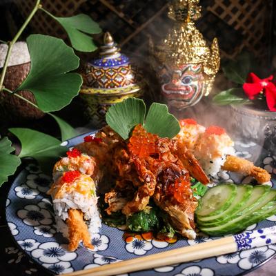 Different types of sea food and vegetables on the side