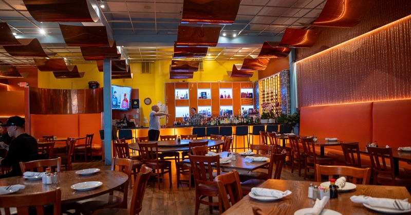 Interior, diner area, tables and chairs, wide view