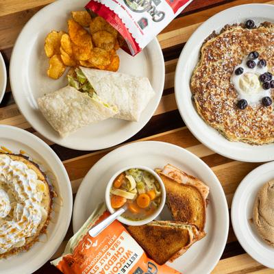 Overhead view of breakfast dishes.