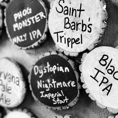 live edge wooden Coasters with Brewhouse Beer names.