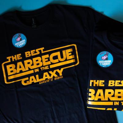 Black t shirt with the text, The Best Barbecue In The Galaxy, Dave's BBQ.