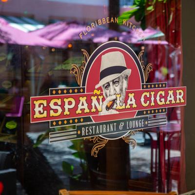 Exterior, window with the restaurant's logo