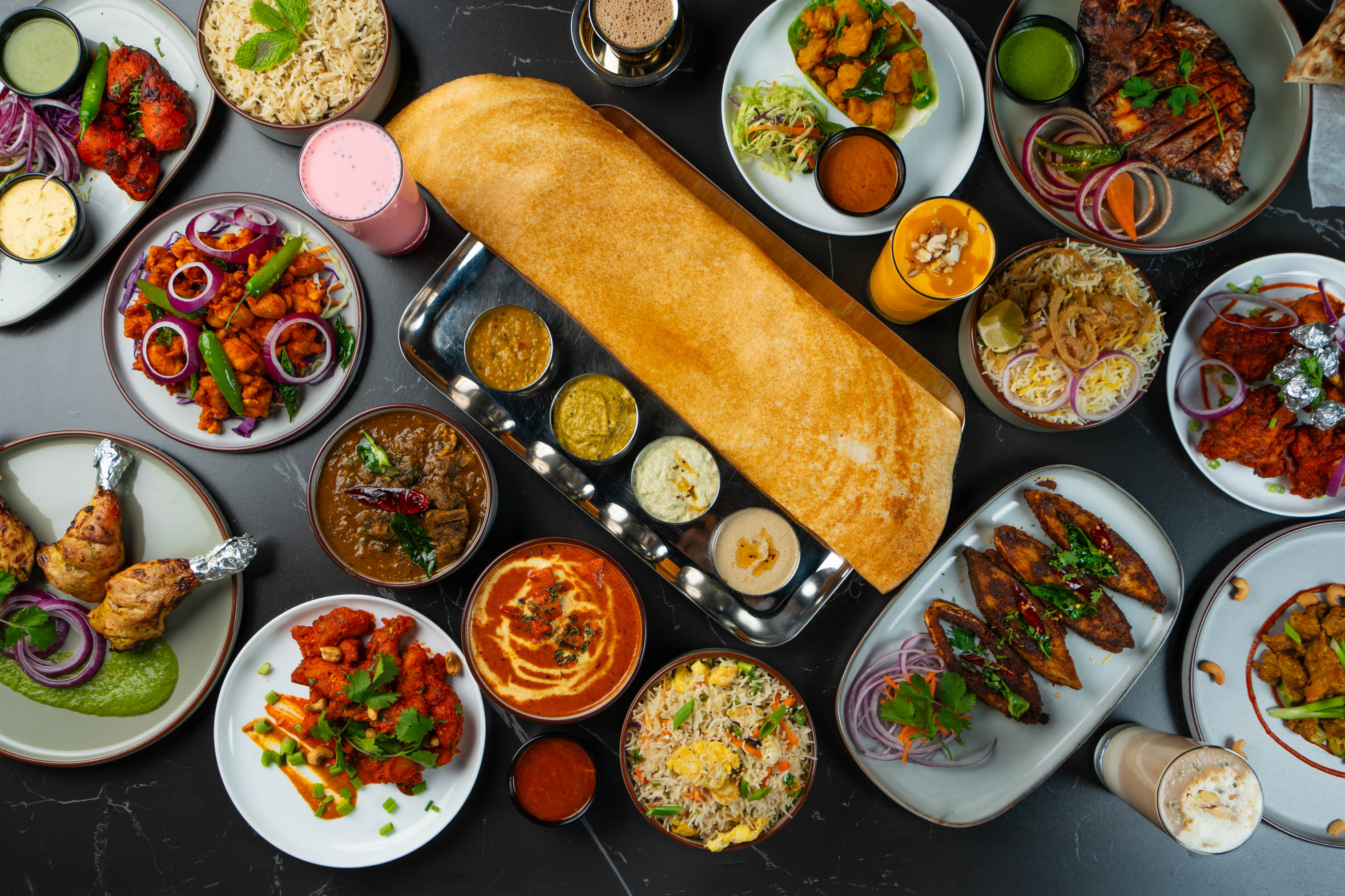 Various food and drinks on the table