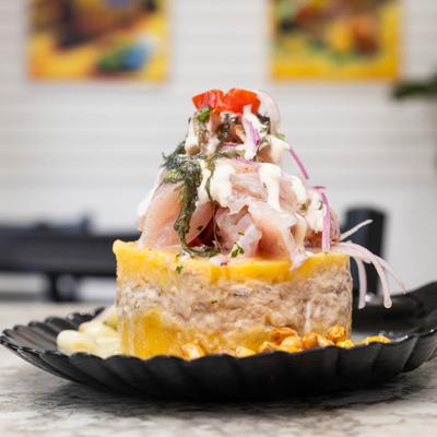 Peruvian potato and ceviche tower.