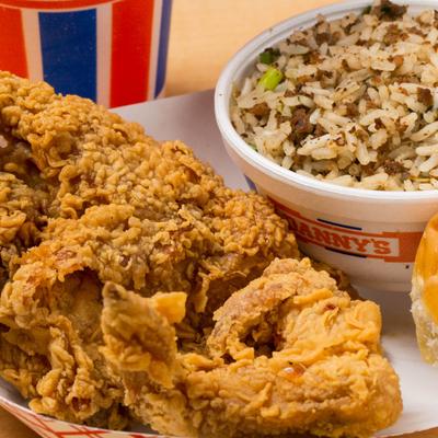 Fried chicken combo, with bread roll, and rice.
