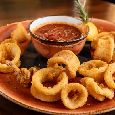 Calamari and marinara sauce on a plate.