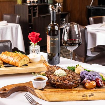 Served food and drinks on the table.