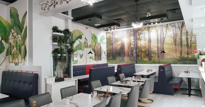 Interior, tables and dining booths, wall decoration