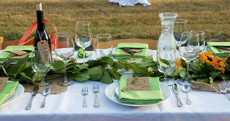 Outdoor table set with green napkins, decorative greenery and place settings