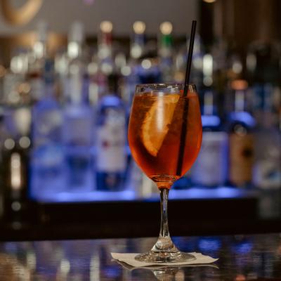 Aperol Spritz cocktail, served on the bar.