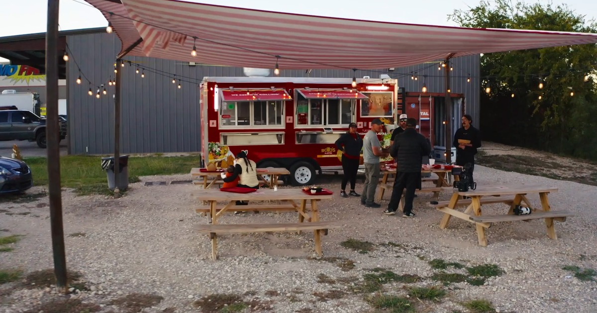 Exterior, food truck, tables, benches