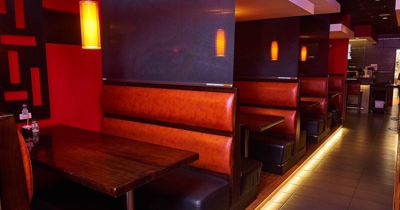 Interior, red leather booths