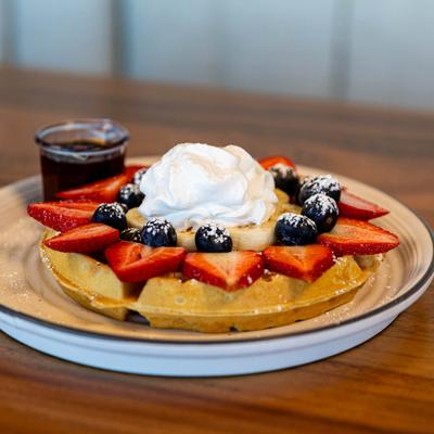 Waffle blast, served, front view.