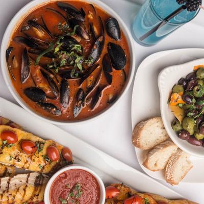 Assorted dishes, flat lay