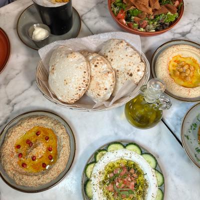 Assortment of food dishes, top view.