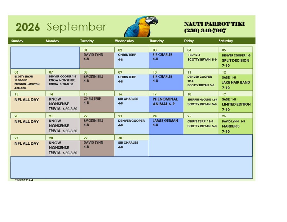 Tiki Hut Events Calendar 