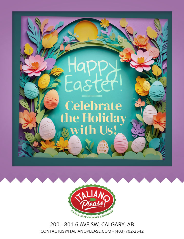 Easter eggs and flowers inviting to celebrate Easter together by ordering a specialty Easter bread called Casatiello