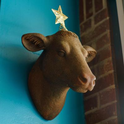 Faux-taxidermy cow head wall mount featuring a festive star ornament on top.