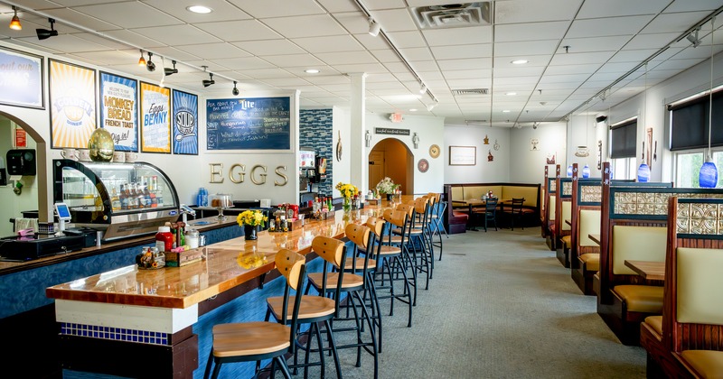Bar, side view, bar stools in  a line