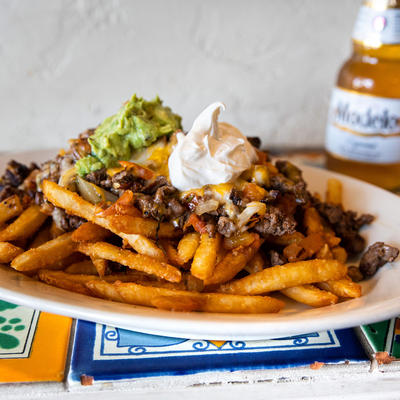 Grilled meat, white sauce on top, fries on the side