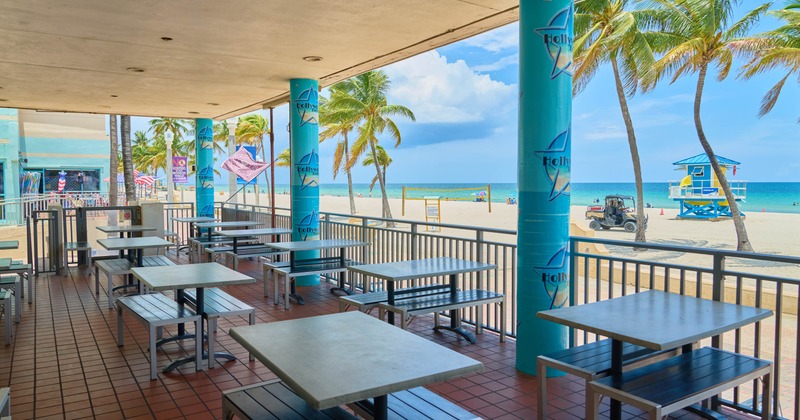 Outdoor, covered patio with a look at the sea