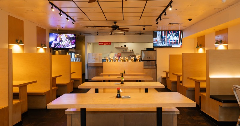 Interior,  wooden booths and tables