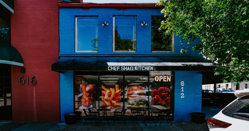 Exterior, front view to restaurant, entrance