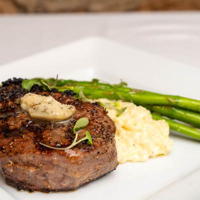 Beef Tenderloin w/ Bearnaisse Butter, Parmesan Risotto and Asparagus