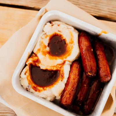 Sausages and mash, top view