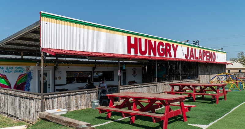 Exterior, grass ground, tables, benches