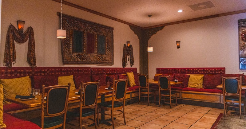 Interior, seating area with decorated walls