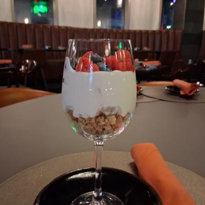 Parfait topped with fresh berries.