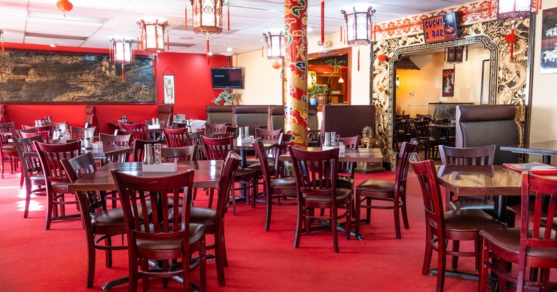 Restaurant interior, round tables and chairs, traditional decor