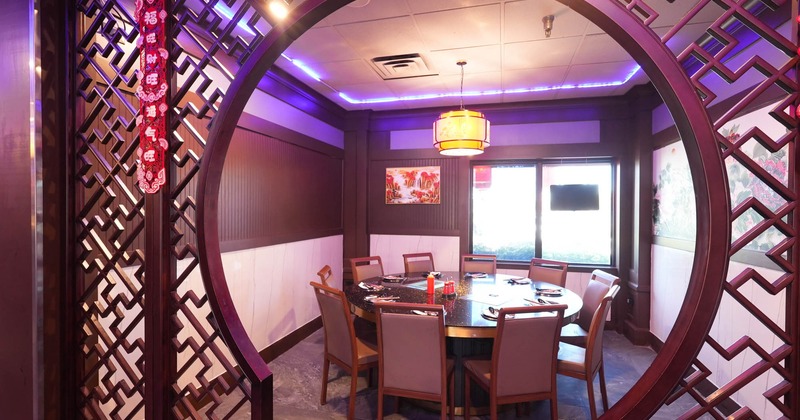 Interior, private dining area, round table for ten, highly detailed wooden room entrance