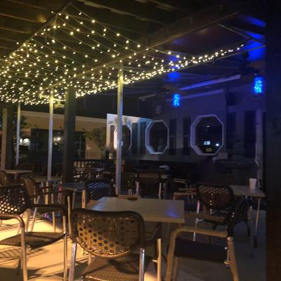 Outdoor seating at night..