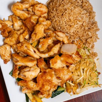 Teriyaki Grill Chicken served with vegetables and rice, close up.
