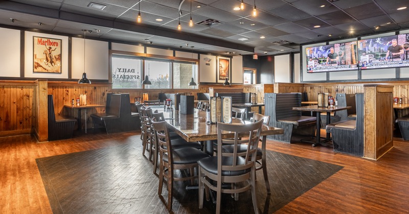 Interior, dining area with tables and chairs, dining booths