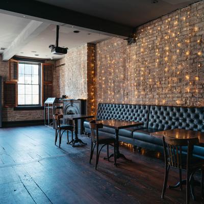 Interior space, benches, windows.