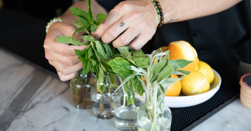 Mini glass jars with root herb cuttings, bartender plucking mint leaves