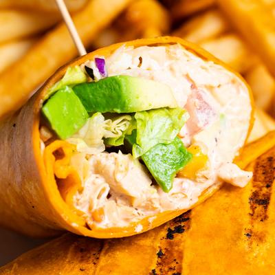 Southwestern grilled chicken wrap and fries.