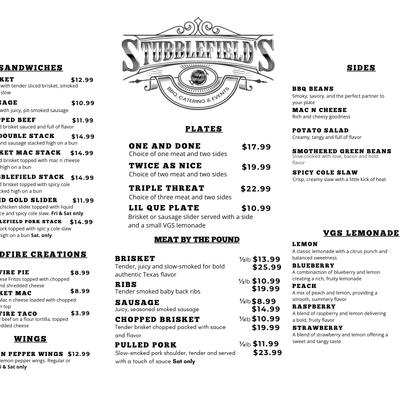 White Stubblefield’s BBQ menu board with sandwiches, plates, meats, and sides.