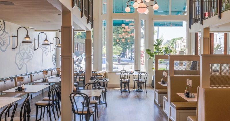 Interior, banquette seating, tables and booths