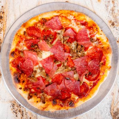 Pepperoni, salami, Italian sausage, Canadian bacon, ground beef, and red sauce.