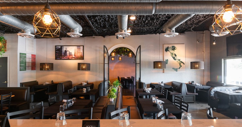 Interior, booth seating, tables and chairs